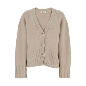 Soft Goat Women Beige Cardigan With V Neck And Ribbed Trims In Cashmere Woman